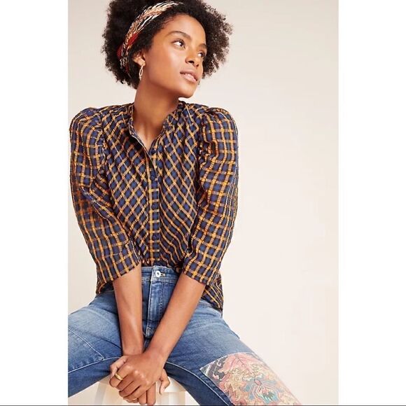 NEW Anthropologie Eva Franco Textured Plaid Puff-Sleeve Buttondown Blouse Size 0 - Picture 1 of 4